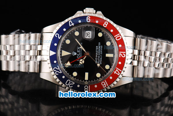 Rolex GMT Master Oyster Perpetual Automatic Movement ETA Case with Blue/Red Bezel-Yellow Markers and Black Dial - Click Image to Close